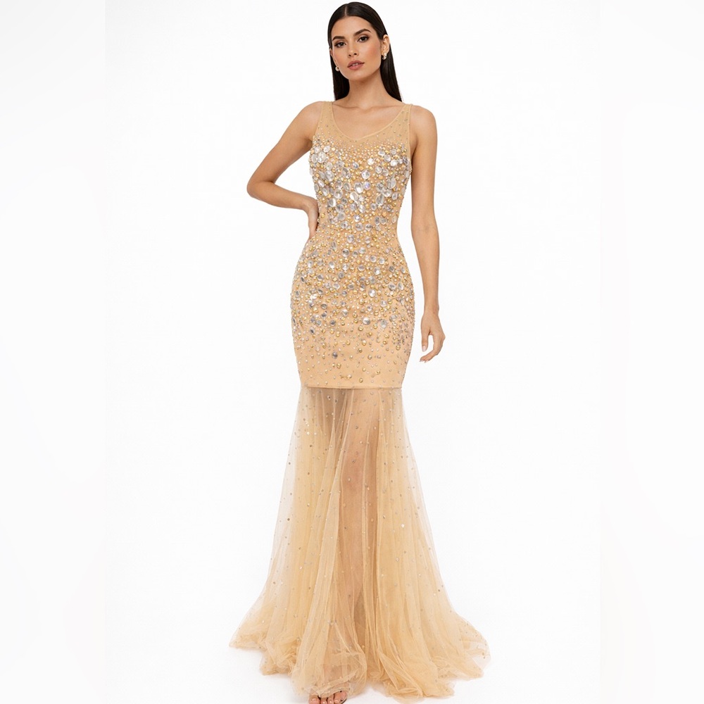 Jovani Gold Embellished Sheer Mermaid Prom Gown